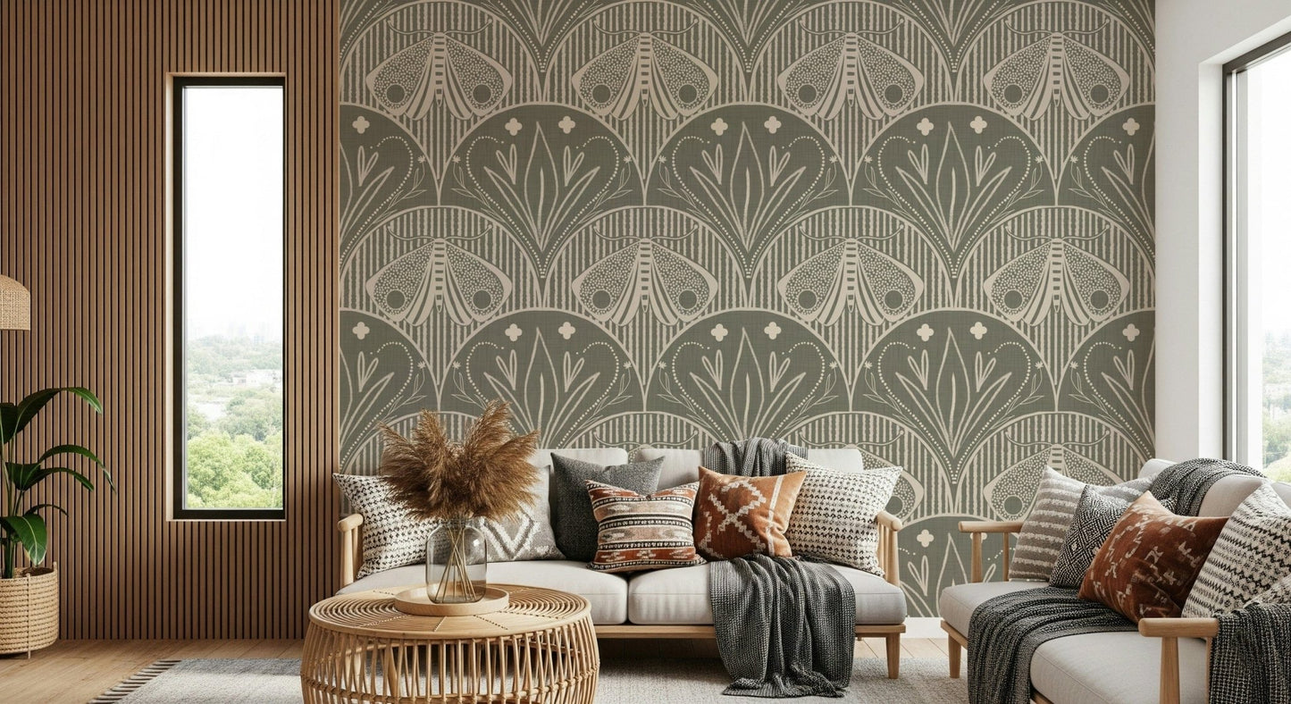 Boho Art Nouveau Scallop Butterfly Floral in Warm Taupe Grey Wallpaper⁠