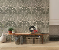 Boho Art Nouveau Scallop Butterfly Floral in Warm Taupe Grey Wallpaper⁠