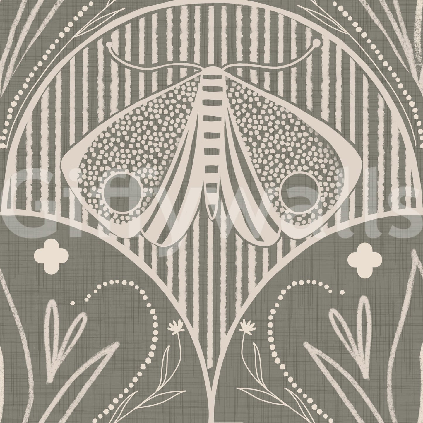 Boho Art Nouveau Scallop Butterfly Floral in Warm Taupe Grey Wallpaper⁠