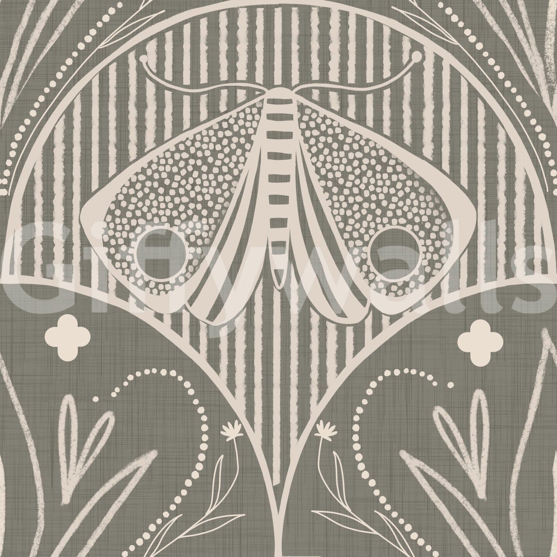 Boho Art Nouveau Scallop Butterfly Floral in Warm Taupe Grey Wallpaper⁠