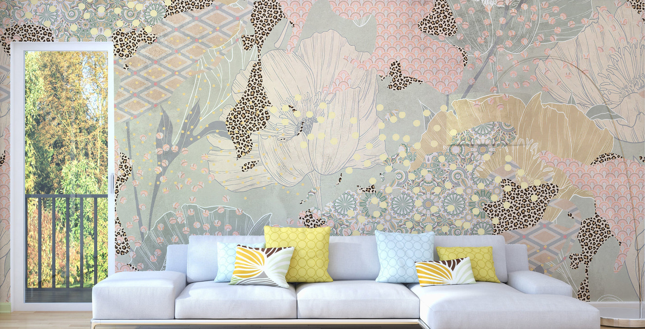 Vibrant boho wall mural with patterns
