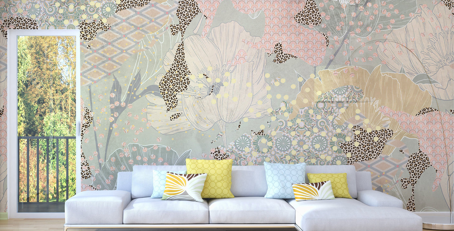 Vibrant boho wall mural with patterns
