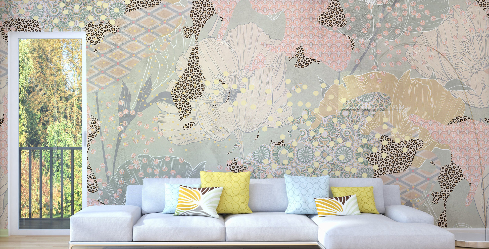 Vibrant boho wall mural with patterns
