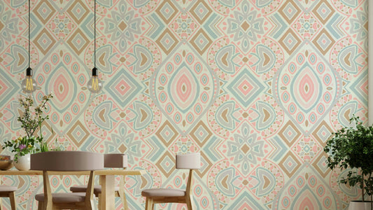 The design features intricate lines, diamonds, and triangular shapes.
