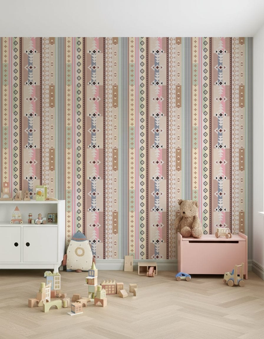 Boho Aztec wallpaper with pastel pink and sage striped tribal pattern in a nursery with a white dresser and teddy bear