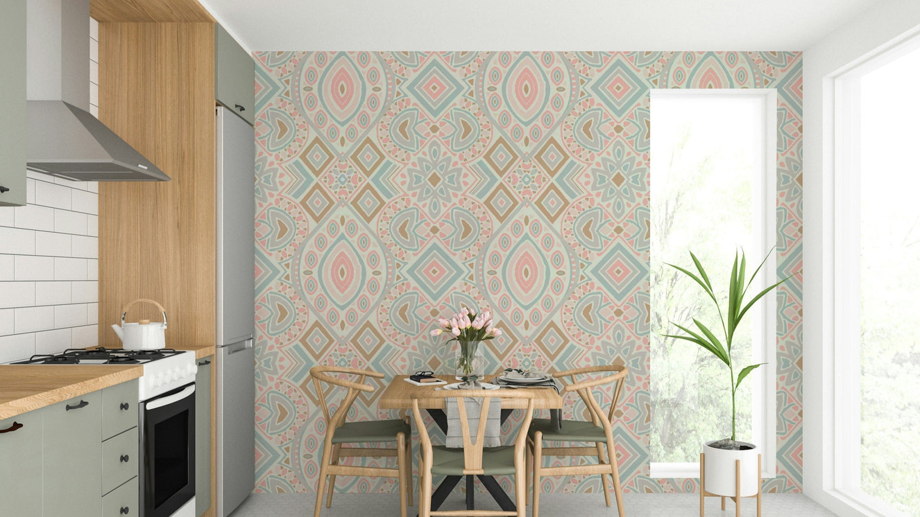 A full-wall mural showing a geometric Aztec-inspired pattern.
