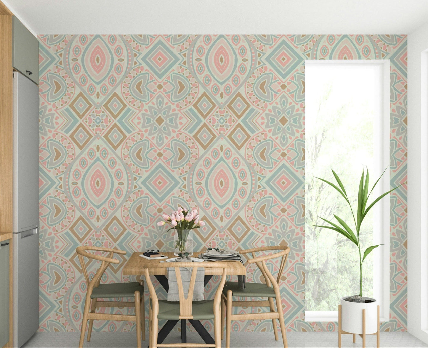 Boho Aztec Pattern Pastel Pink and Blue Wallpaper featuring soft blush wisteria tribal wall mural.