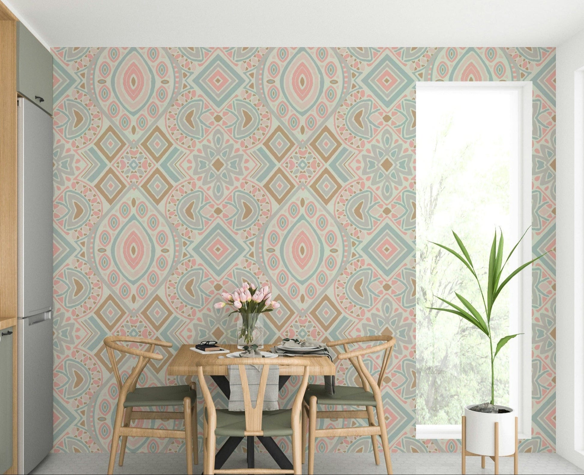 Boho Aztec Pattern Pastel Pink and Blue Wallpaper featuring soft blush wisteria tribal wall mural.
