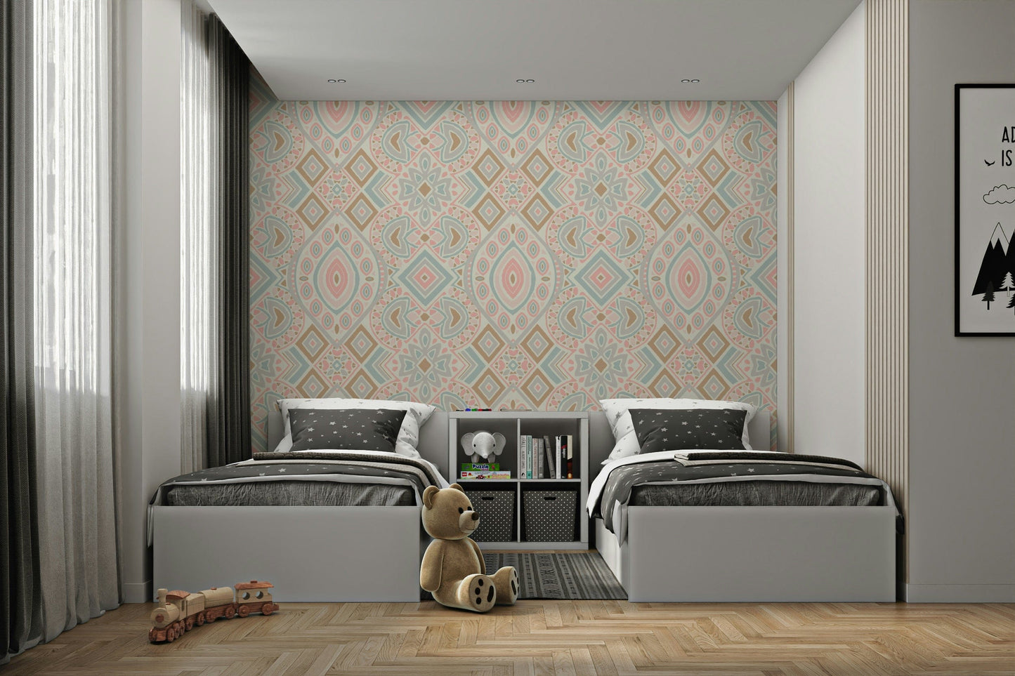 The color palette is soft and pastel, with shades of light pink and pale blue.
