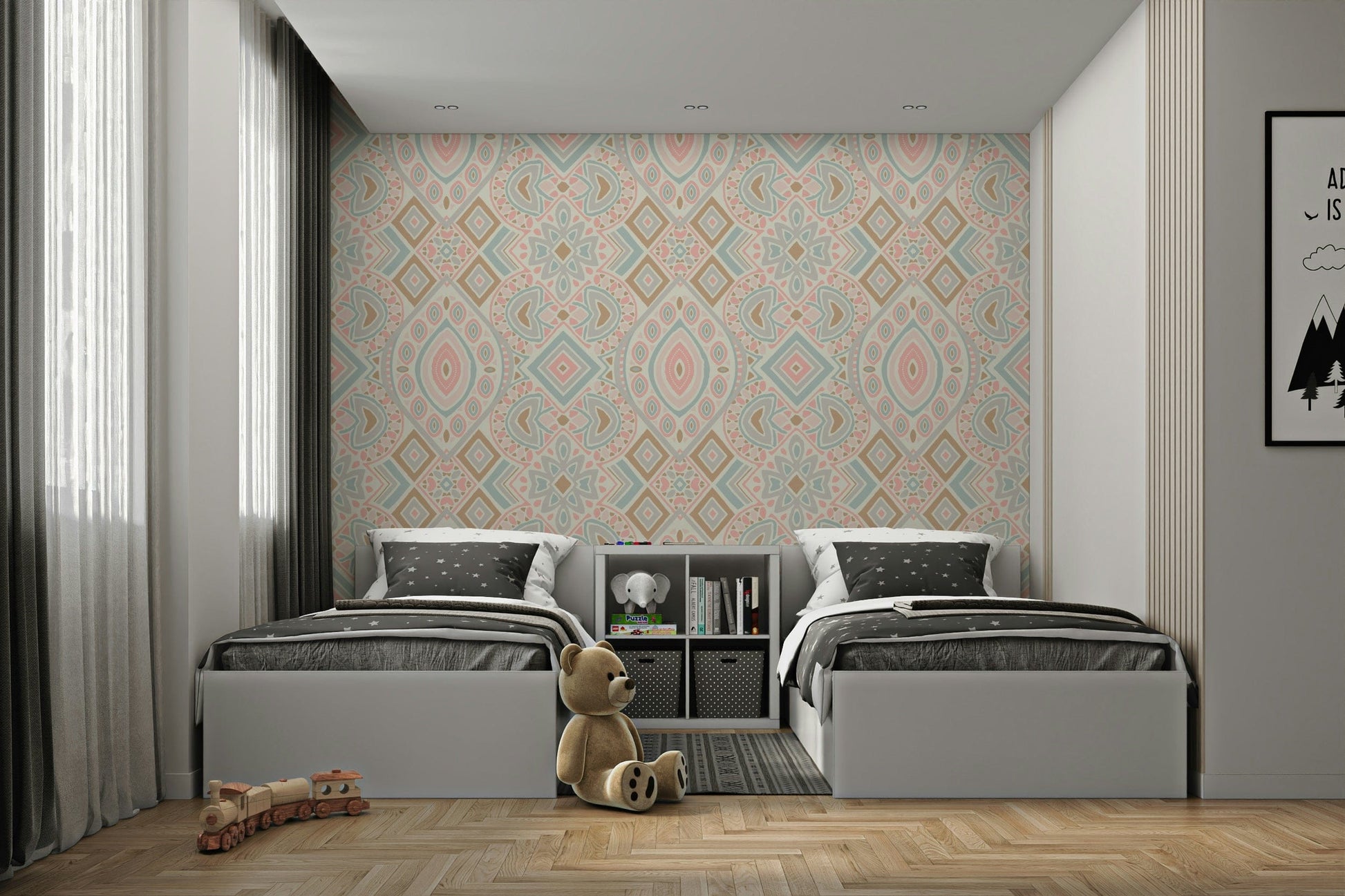 The color palette is soft and pastel, with shades of light pink and pale blue.
