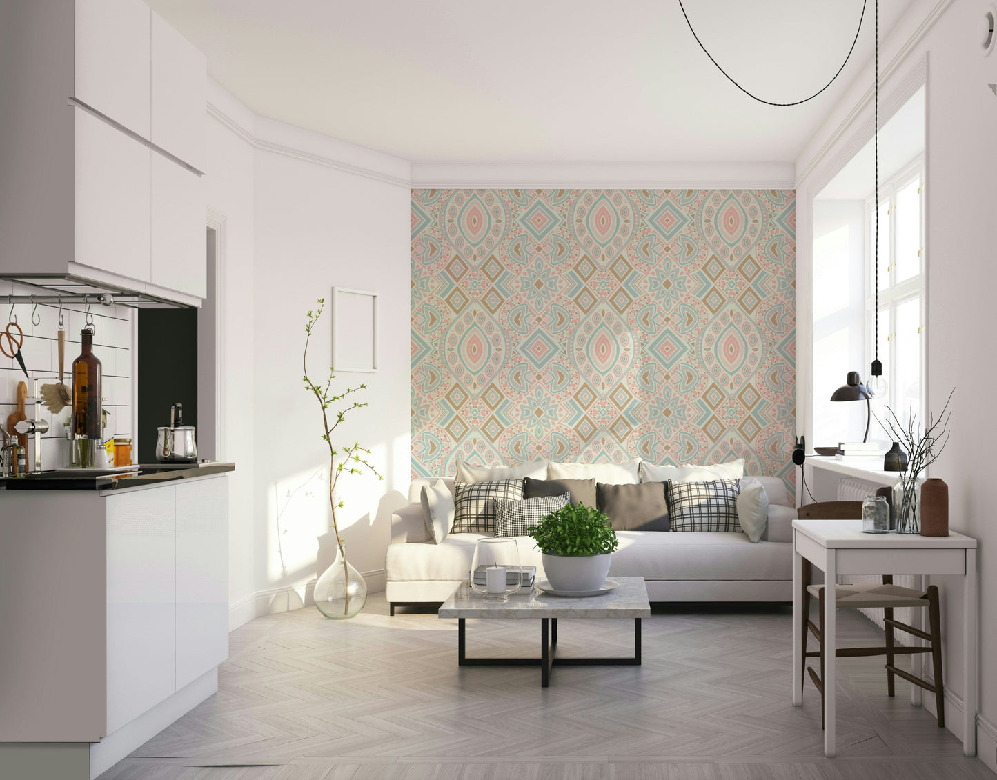 The design features intricate lines, diamonds, and triangular shapes.

