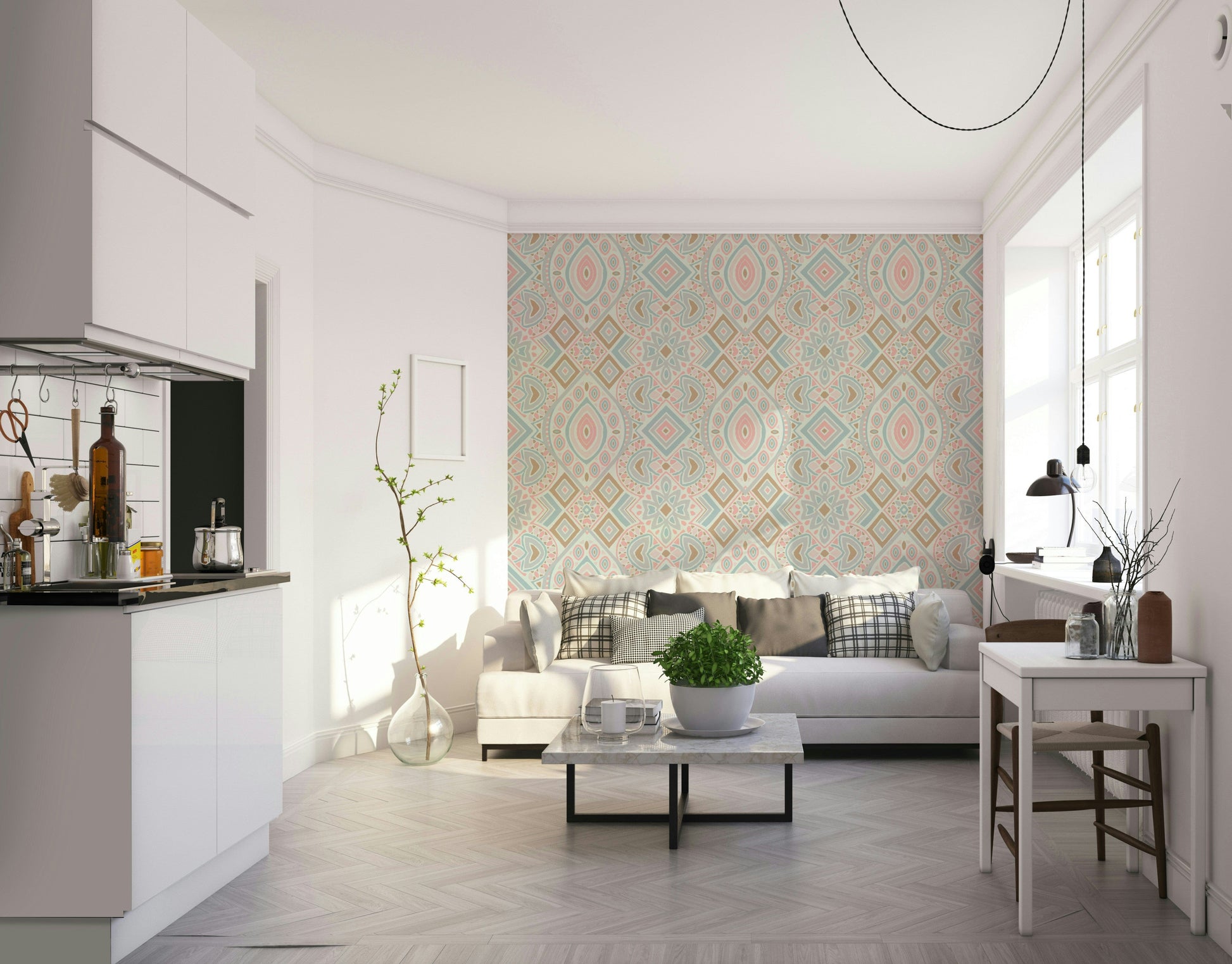 The design features intricate lines, diamonds, and triangular shapes.
