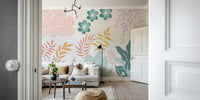 The design features delicate blooming flowers and slender leaves.

