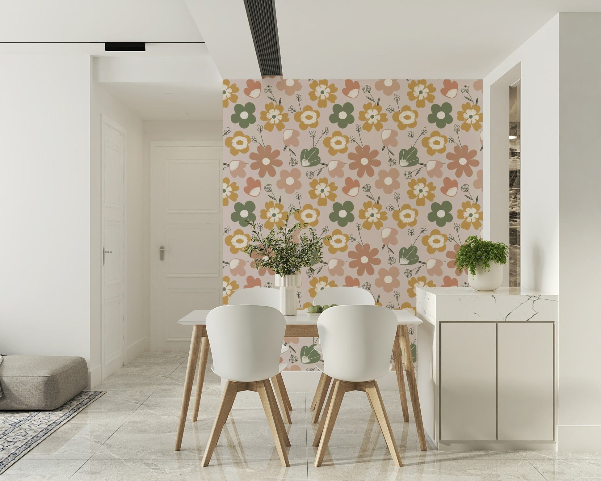 Muted mustard, olive, and blush blossoms forming a vintage boho floral wallpaper pattern.