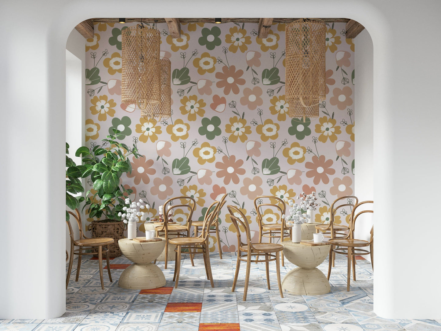 A boho blooms wallpaper featuring large retro-style flowers in muted green, mustard, and blush tones.