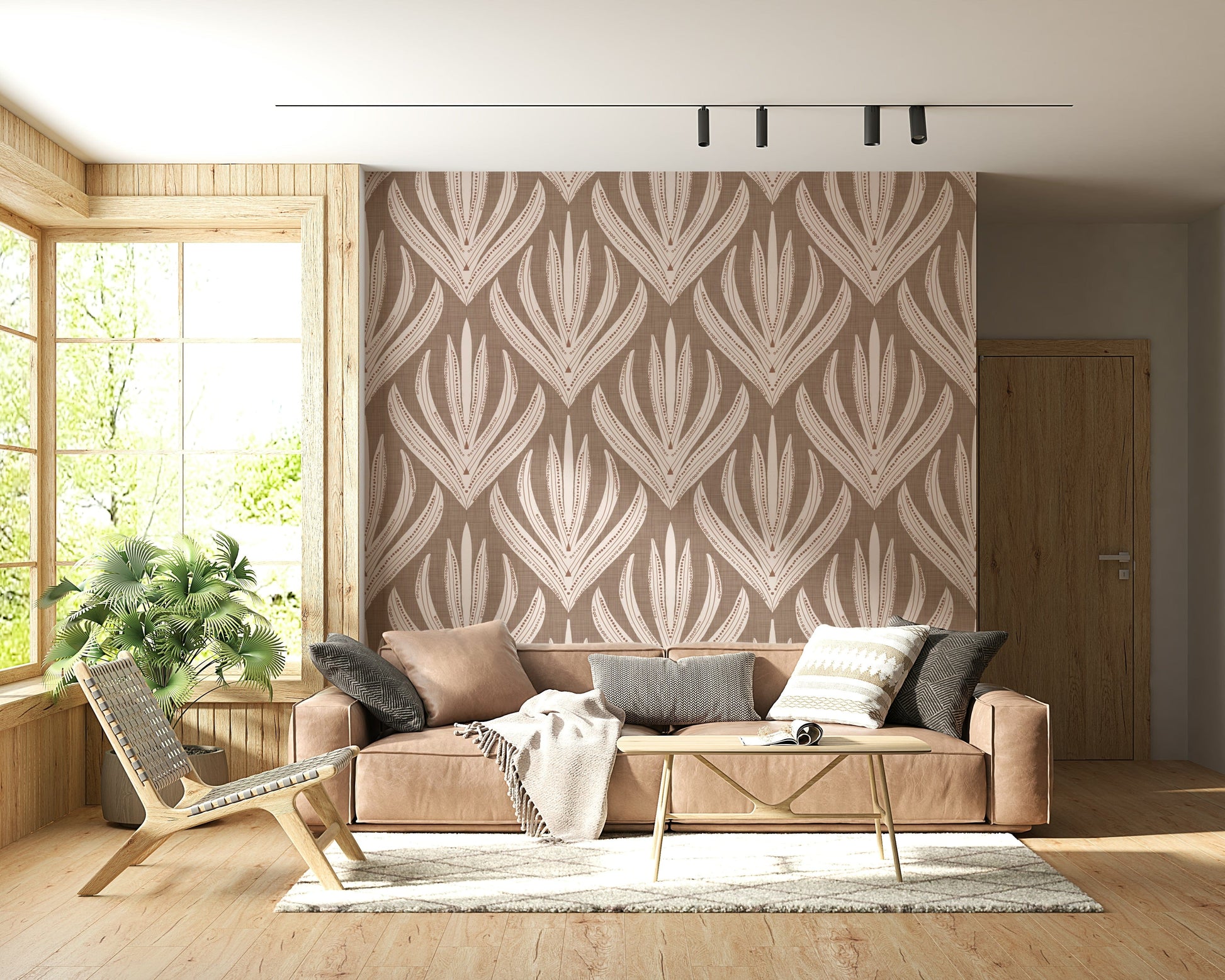 Patterned botanical wallpaper featuring abstract leaf clusters in a rhythmic repeating layout.