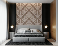 Modern boho wallpaper mural with repeating organic leaf forms and subtle natural tones.