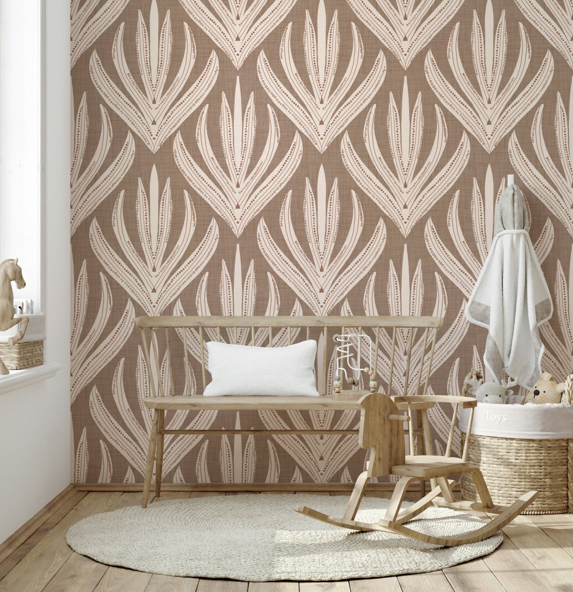 Boho Botanical Echoes wallpaper featuring repeating cream botanical motifs on a warm taupe background.