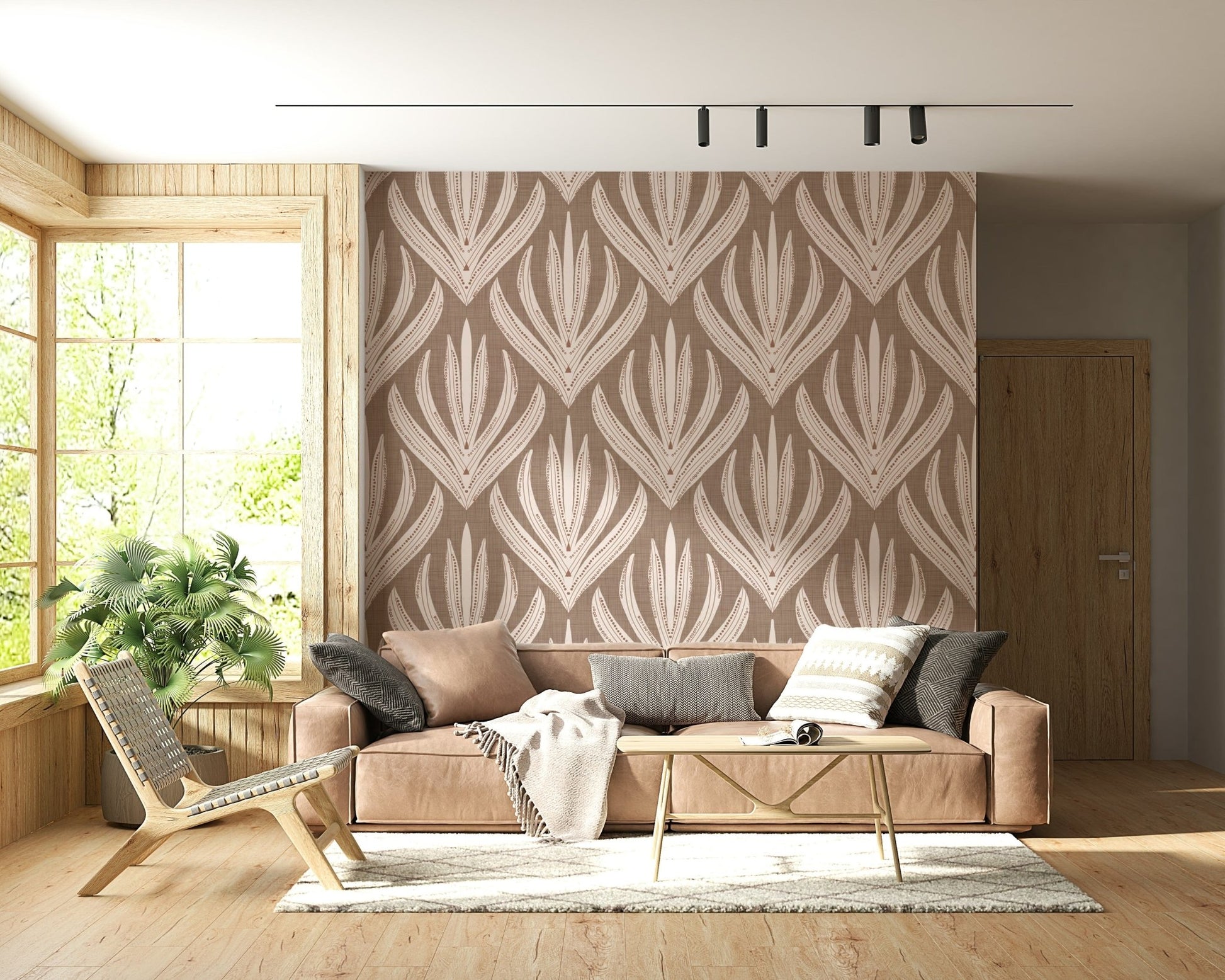 Patterned botanical wallpaper featuring abstract leaf clusters in a rhythmic repeating layout.