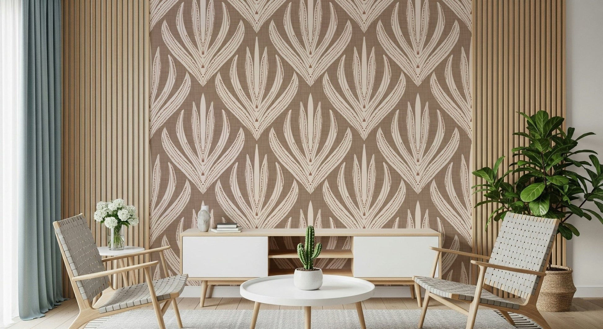 Boho Botanical Echoes wallpaper showcasing layered leaf-like designs with fine dotted detailing.