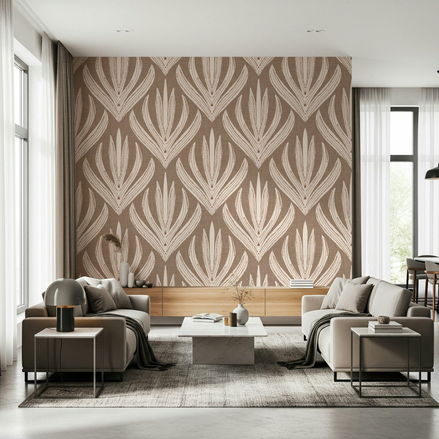Decorative wallpaper mural with stylized boho plant shapes arranged in a symmetrical pattern.