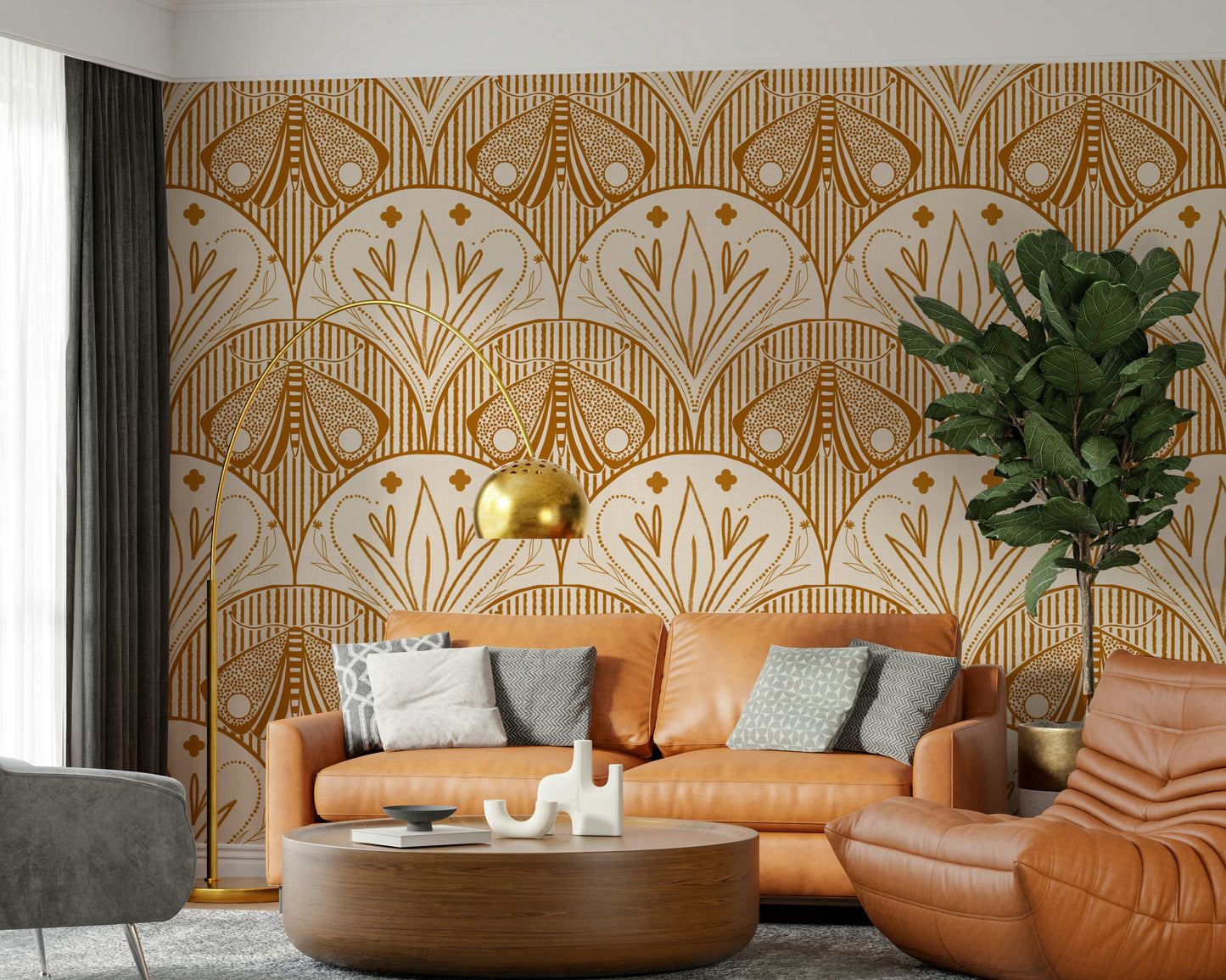 Intricate moth, Scallop Butterfly or Floral wall mural, burnt sienna, classic arch structure.