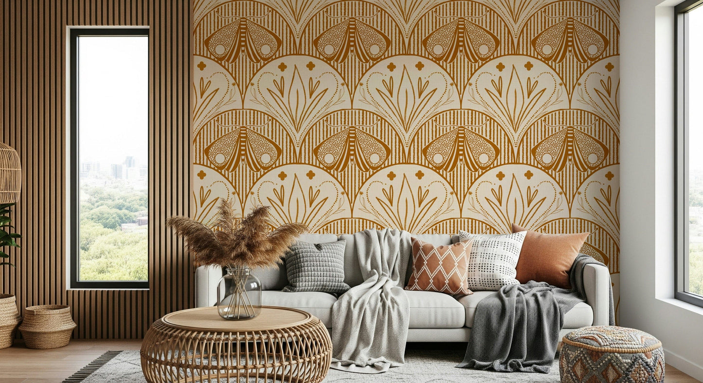 Boho or Floral Cream and Burnt Orange wallcovering, bohemian textile print, elegant decor.