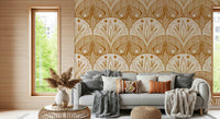 Art Nouveau Scallop Butterfly wallpaper, tan background, striking detail, enchanting design.