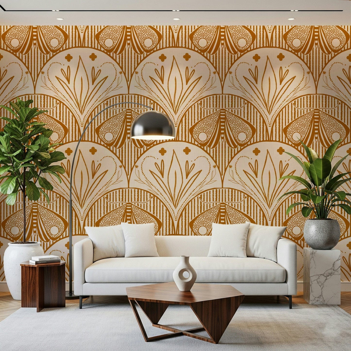 Boho Art Nouveau or Scallop Butterfly wallcovering, terracotta, intricate, mystical art.