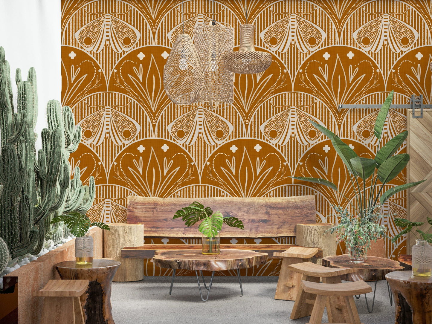 Boho Art Nouveau Scallop Butterfly Floral in Burnt Orange Wallpaper⁠