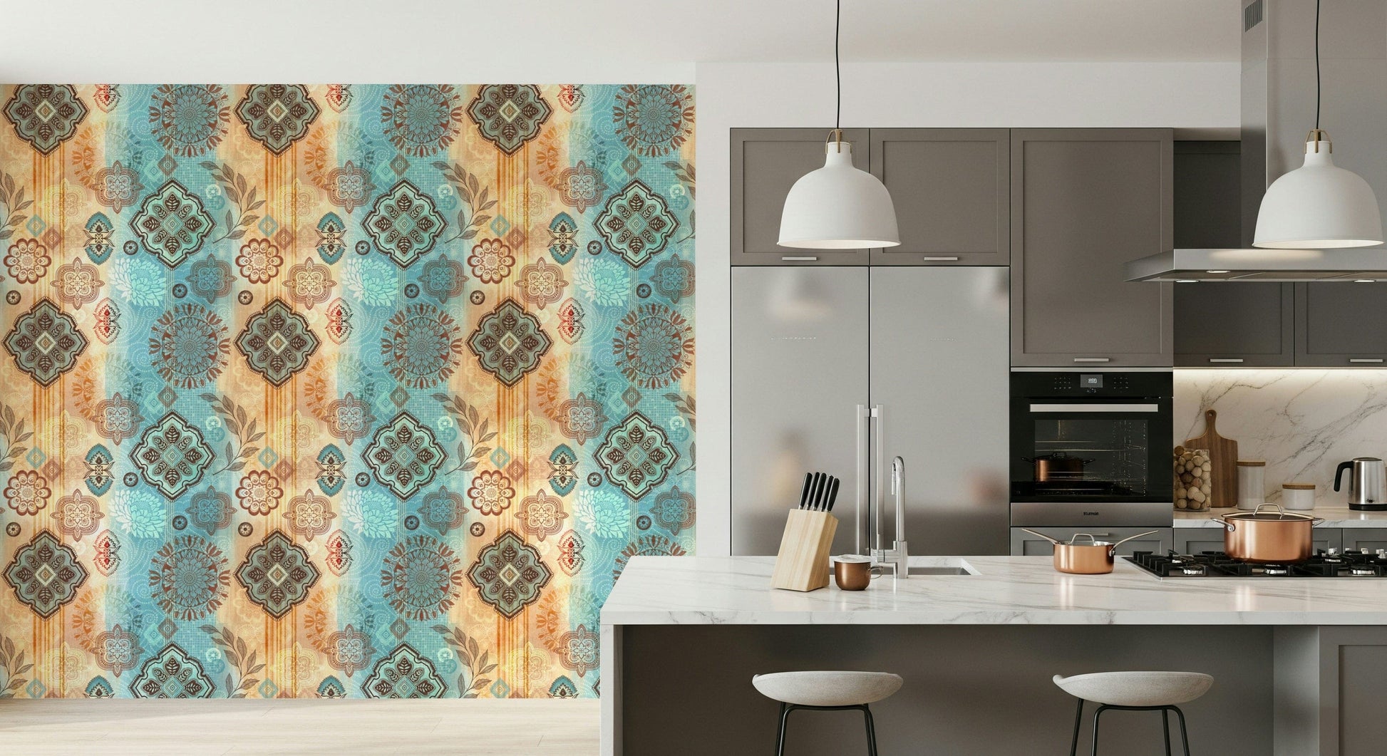 Bohemian-style wallpaper with abstract shapes, organic patterns, and natural earthy colors.