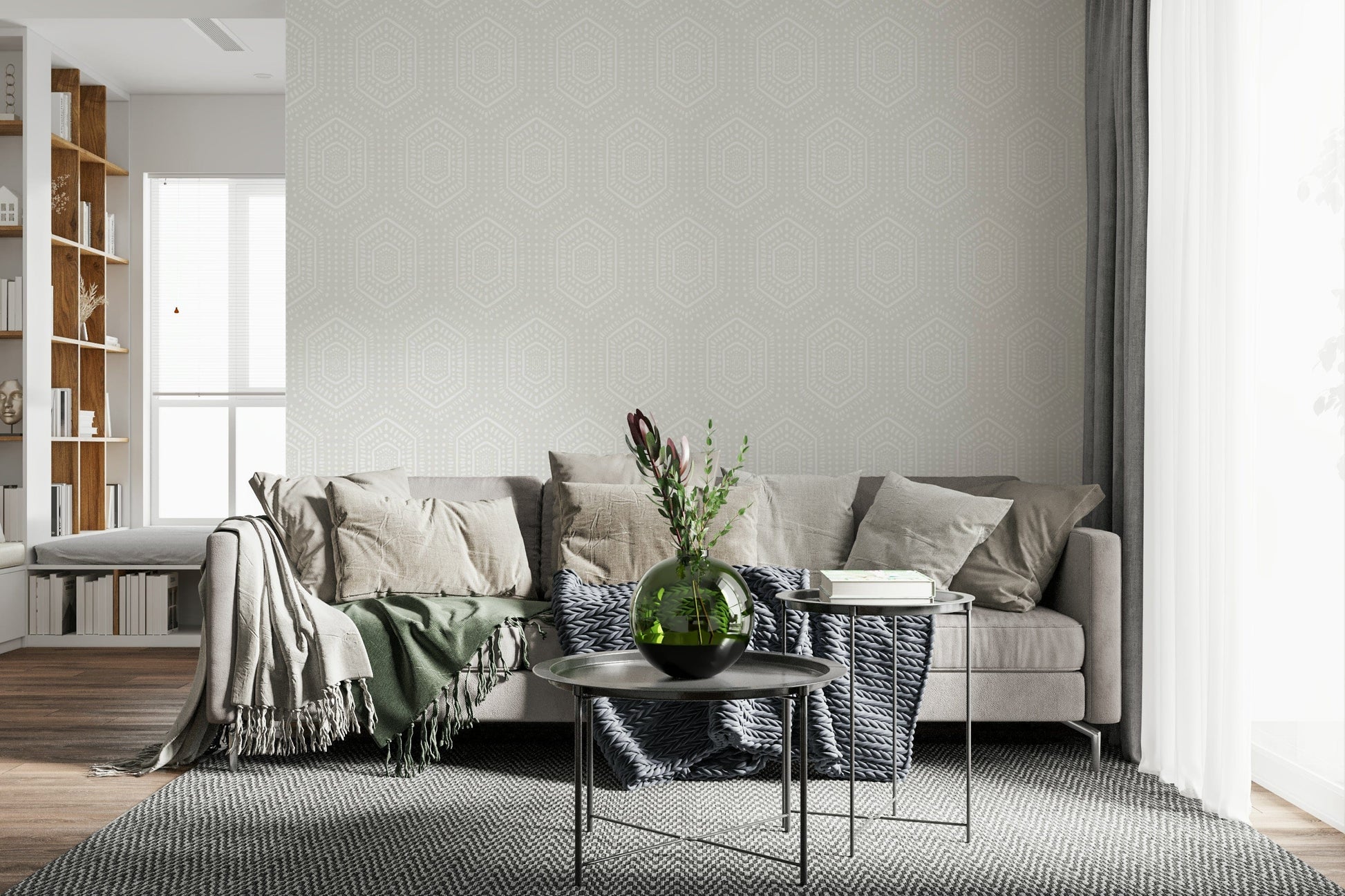 Neutral geometric wall mural for living spaces