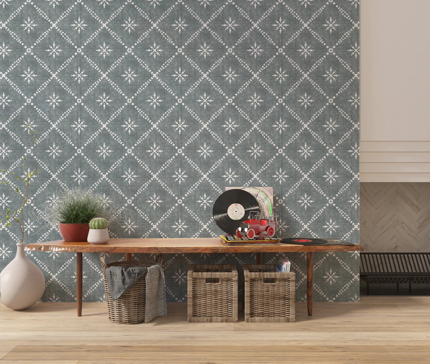 Boho Dotted Lattice Grunge Calming Blue Wallpaper⁠