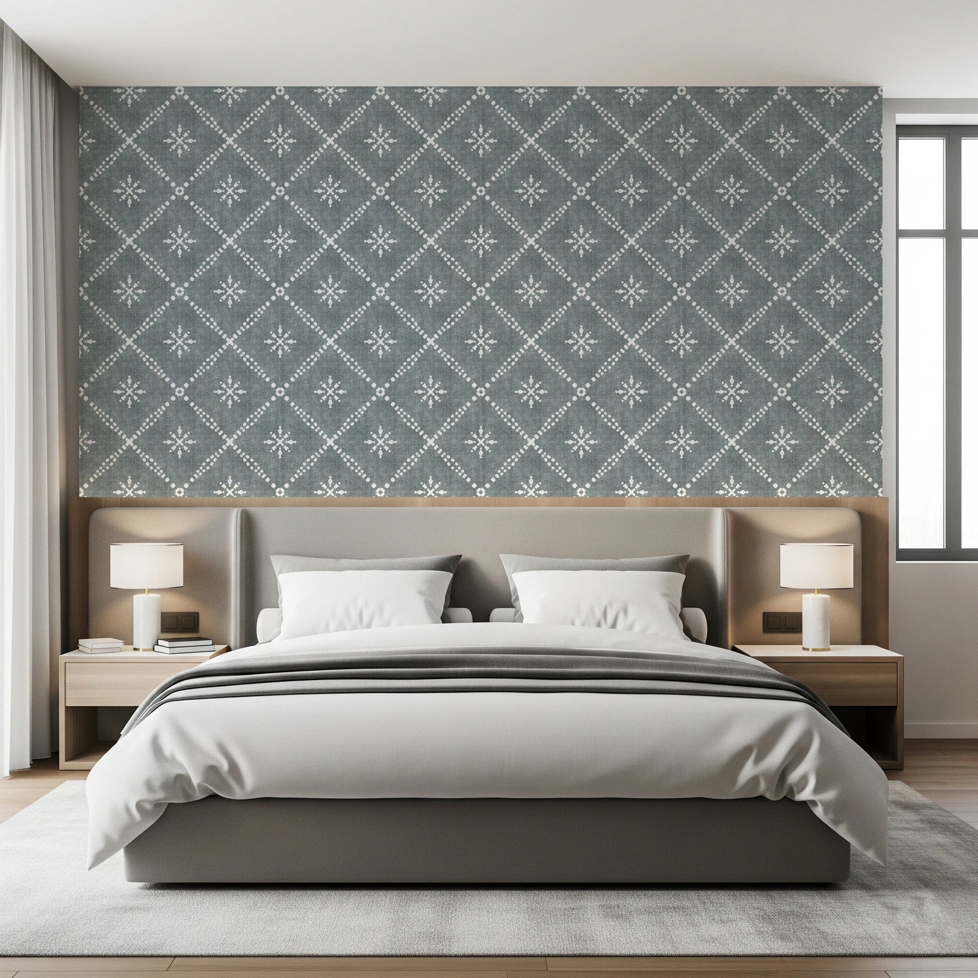 Boho Dotted Lattice Grunge Calming Blue Wallpaper⁠