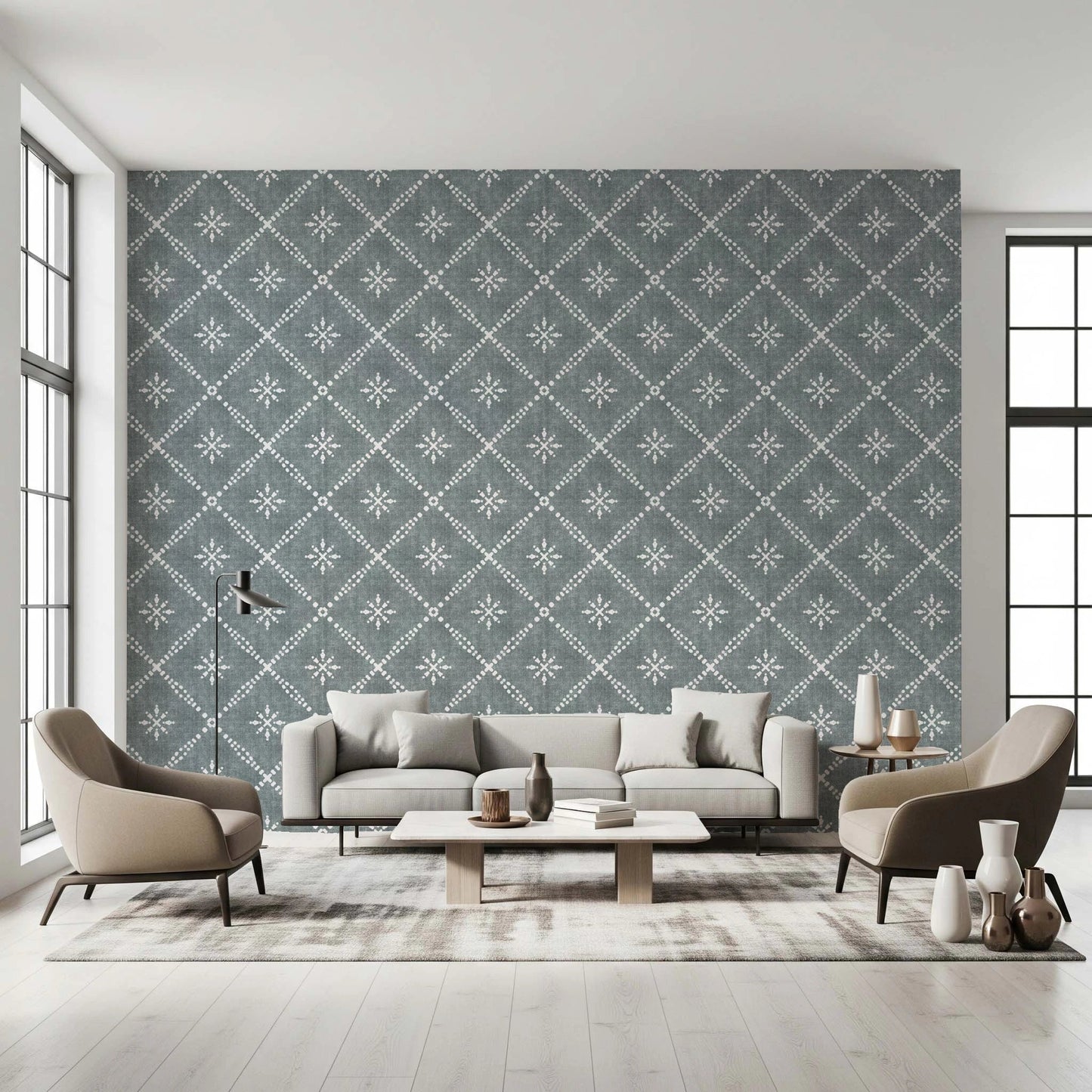 Boho Dotted Lattice Grunge Calming Blue Wallpaper⁠