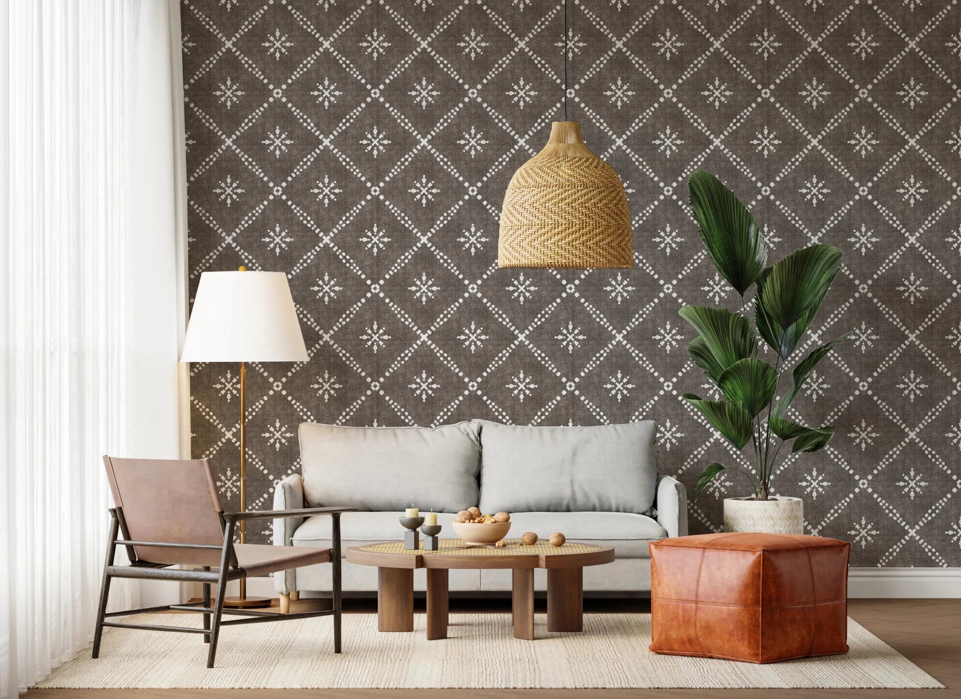 Boho Dotted Lattice Grunge Dark Bark Wallpaper⁠