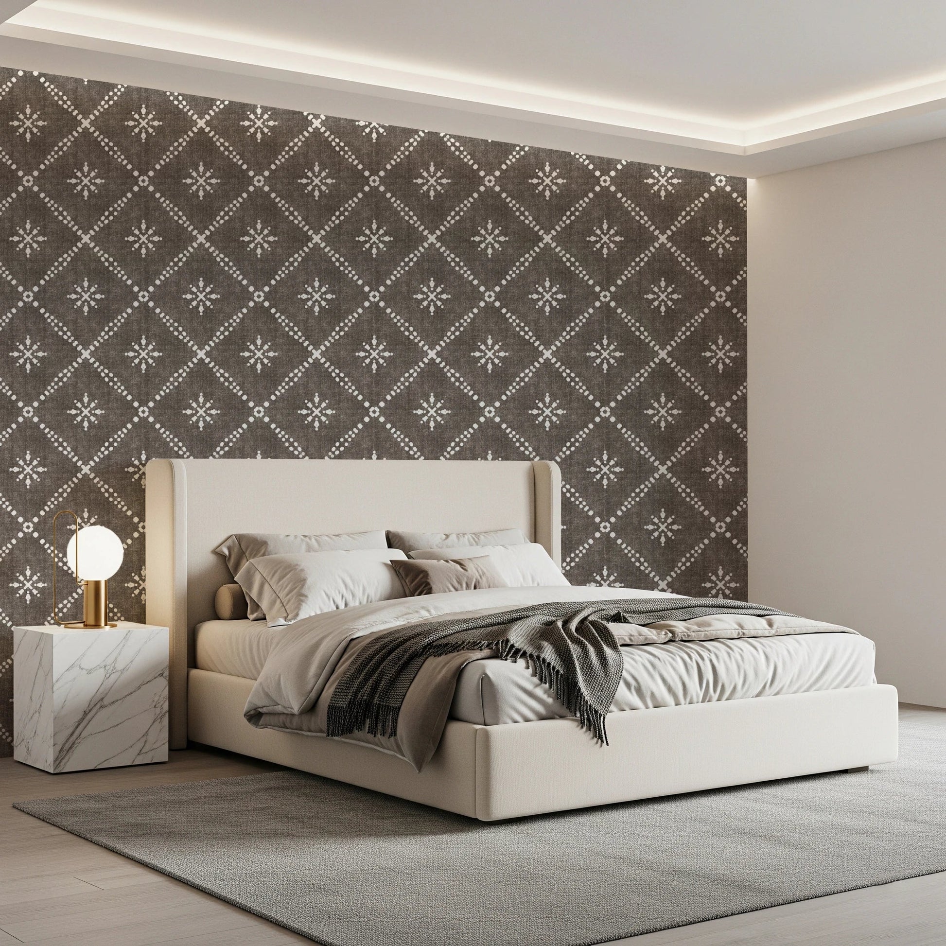 Boho Dotted Lattice Grunge Dark Bark Wallpaper⁠