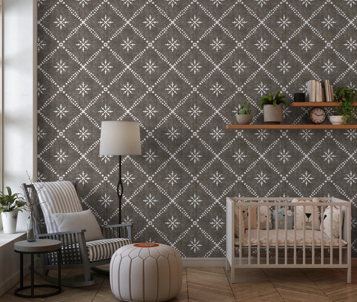 Boho Dotted Lattice Grunge Dark Bark Wallpaper⁠
