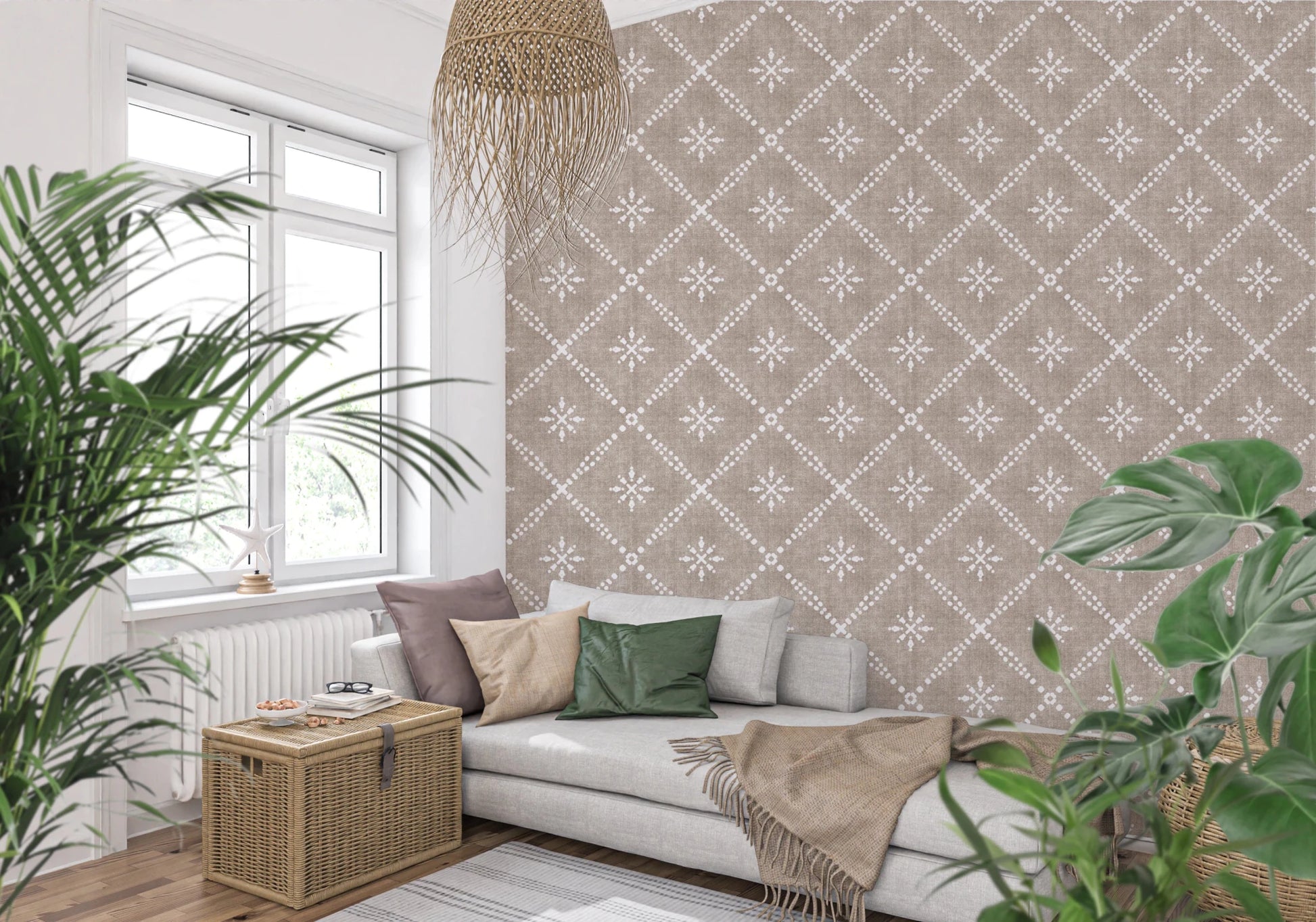 Boho Dotted Lattice Grunge Earthy Beige Wallpaper⁠