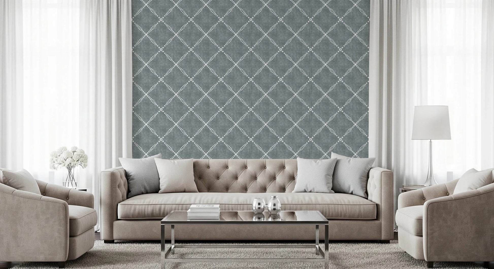Boho Dotted Trellis Grunge Calming Blue Wallpaper⁠