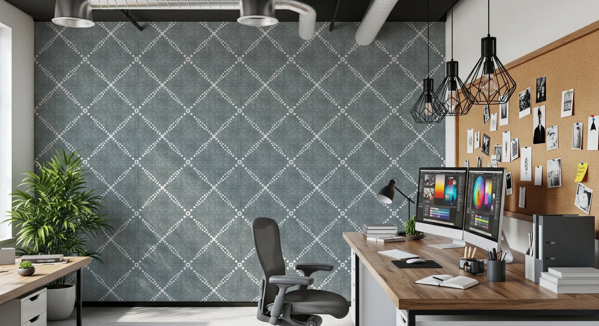 Boho Dotted Trellis Grunge Calming Blue Wallpaper⁠