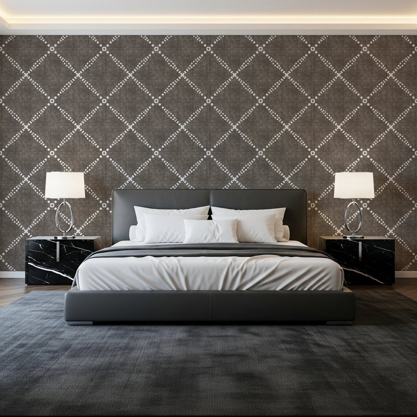 Boho Dotted Trellis Grunge Dark Bark Wallpaper⁠