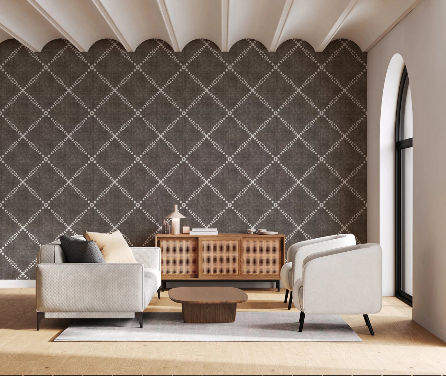 Boho Dotted Trellis Grunge Dark Bark Wallpaper⁠