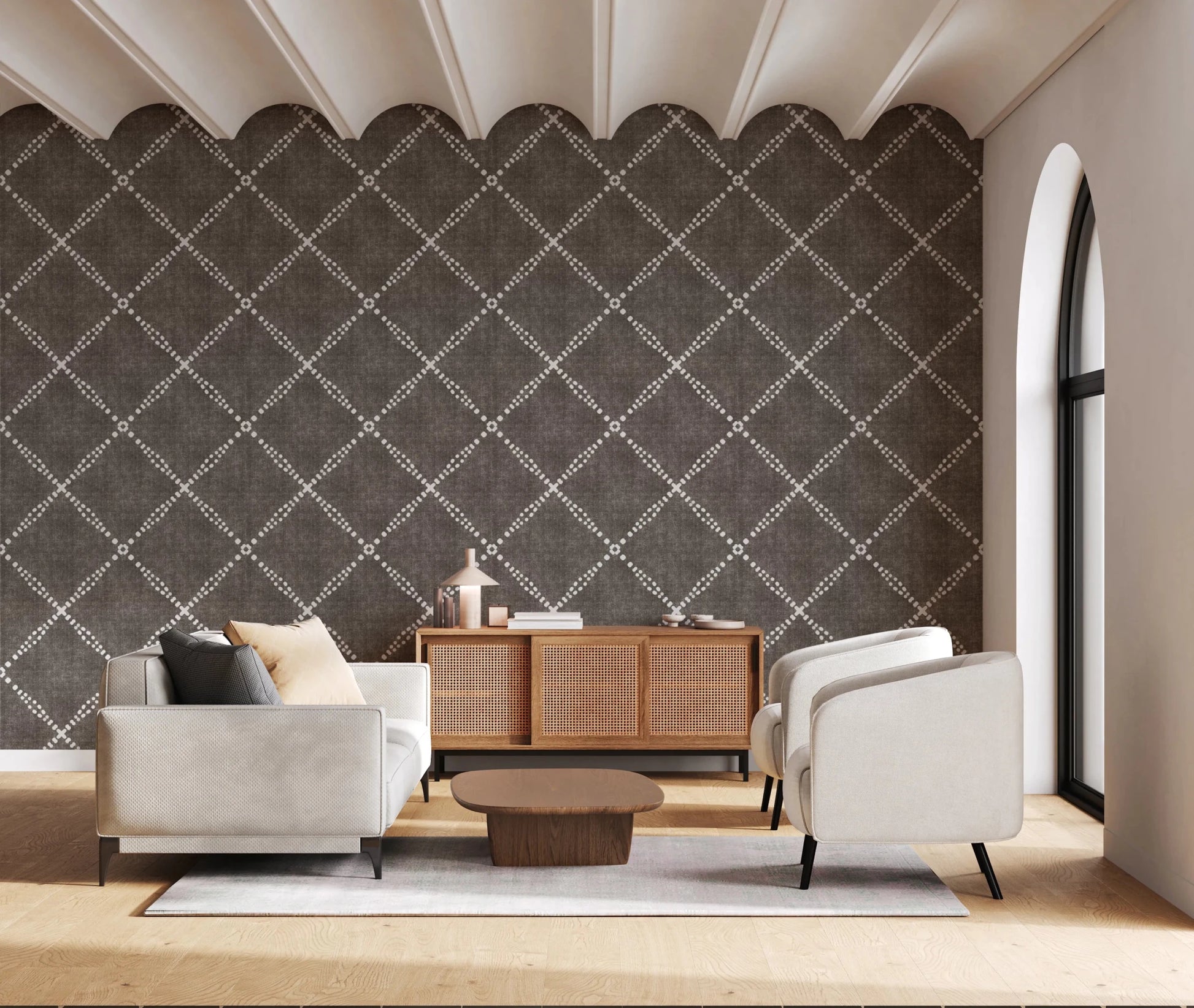 Boho Dotted Trellis Grunge Dark Bark Wallpaper⁠