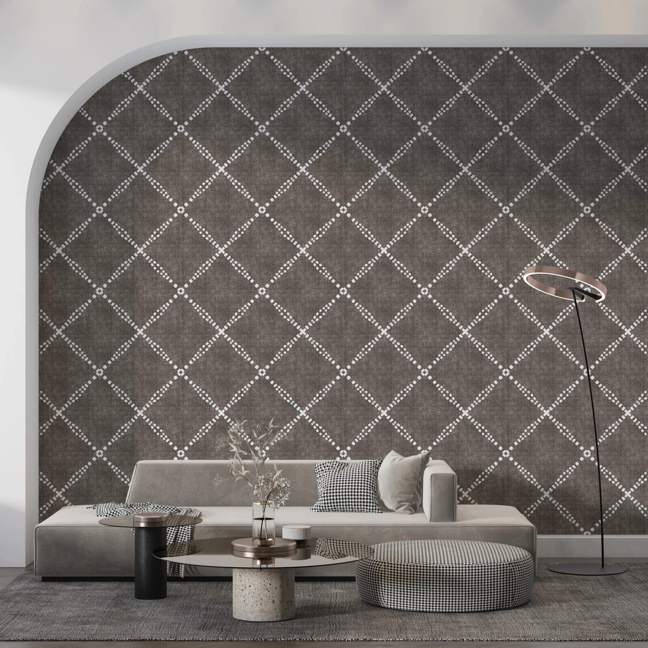 Boho Dotted Trellis Grunge Dark Bark Wallpaper⁠