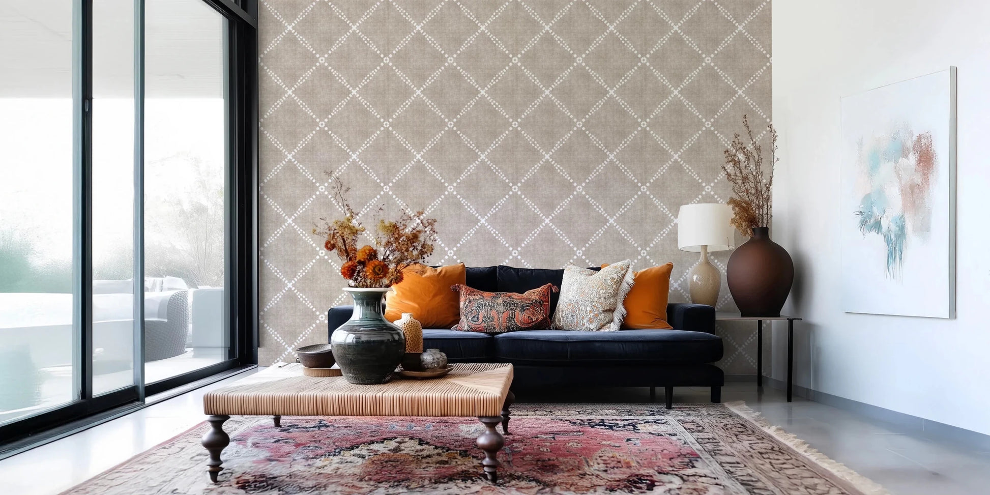 Boho Dotted Trellis Grunge Earthy Beige Wallpaper⁠