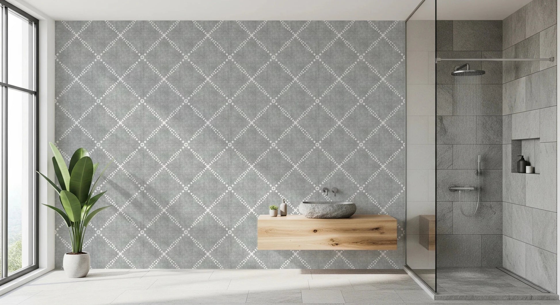Boho Dotted Trellis Grunge Grey Clouds Wallpaper⁠