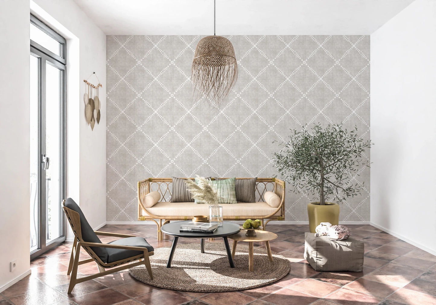 Boho Dotted Trellis Grunge Neutral Wallpaper⁠