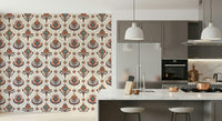 Artistic wallpaper mural with stylized boho flowers arranged in a repeating diamond framework.