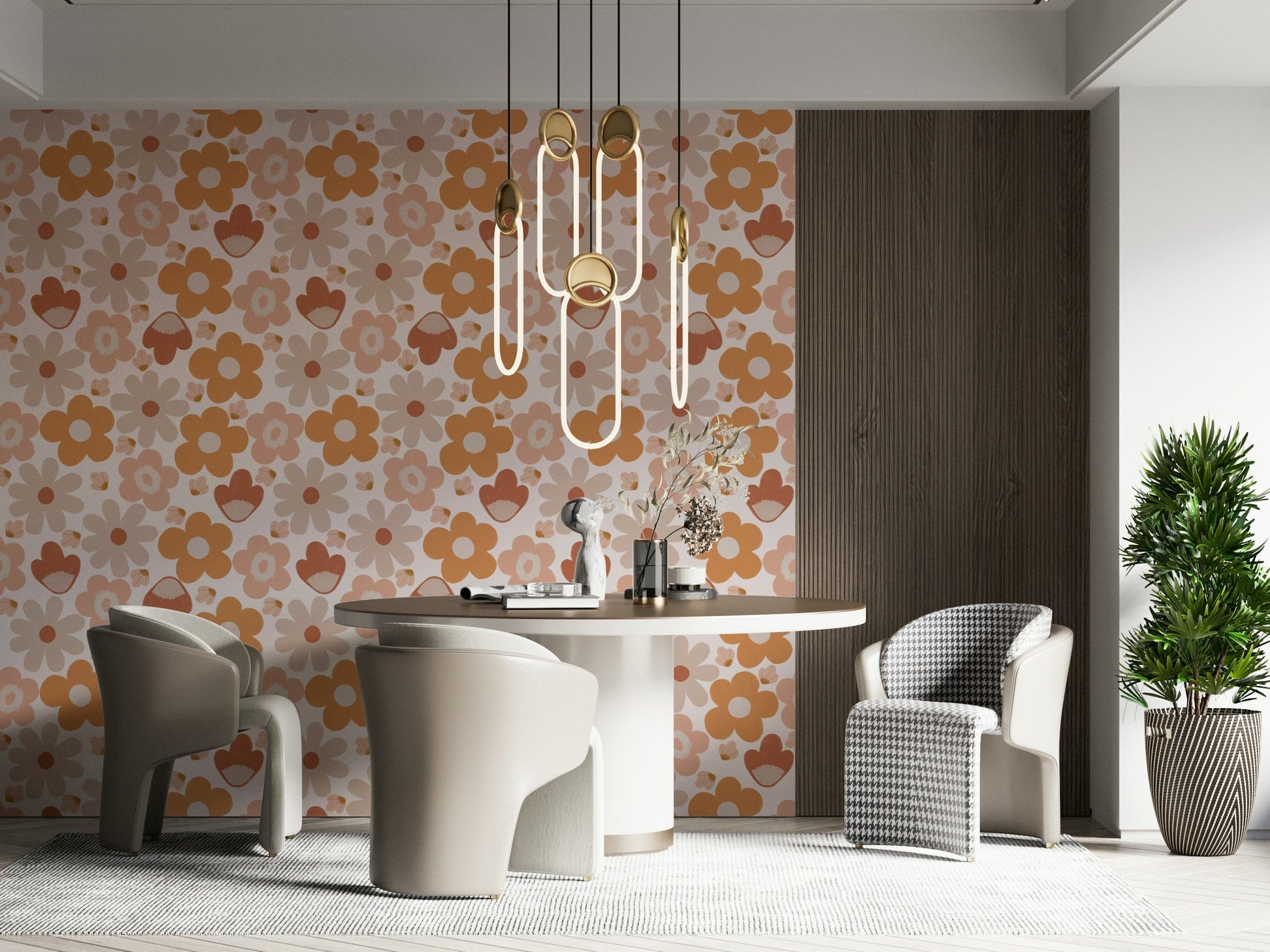A dreamy floral wallpaper with bohemian blossoms arranged in a repeating warm-toned pattern.